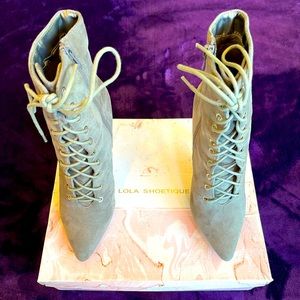 Gray suede tie up heeled bootie